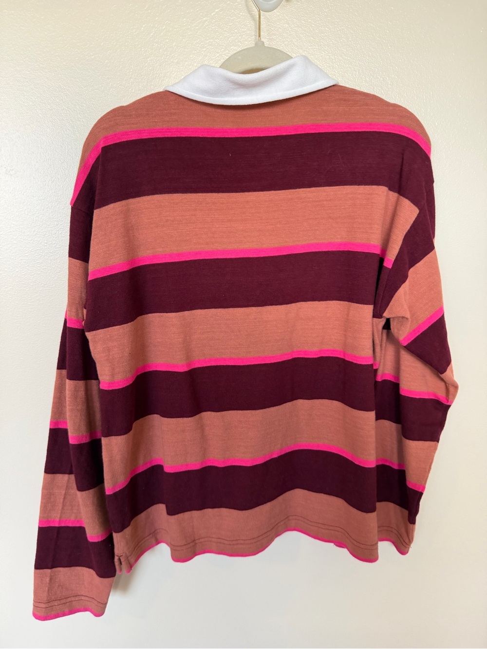 LOFT Maroon & Peach Striped Long Sleeve Polo - Picture 4 of 4